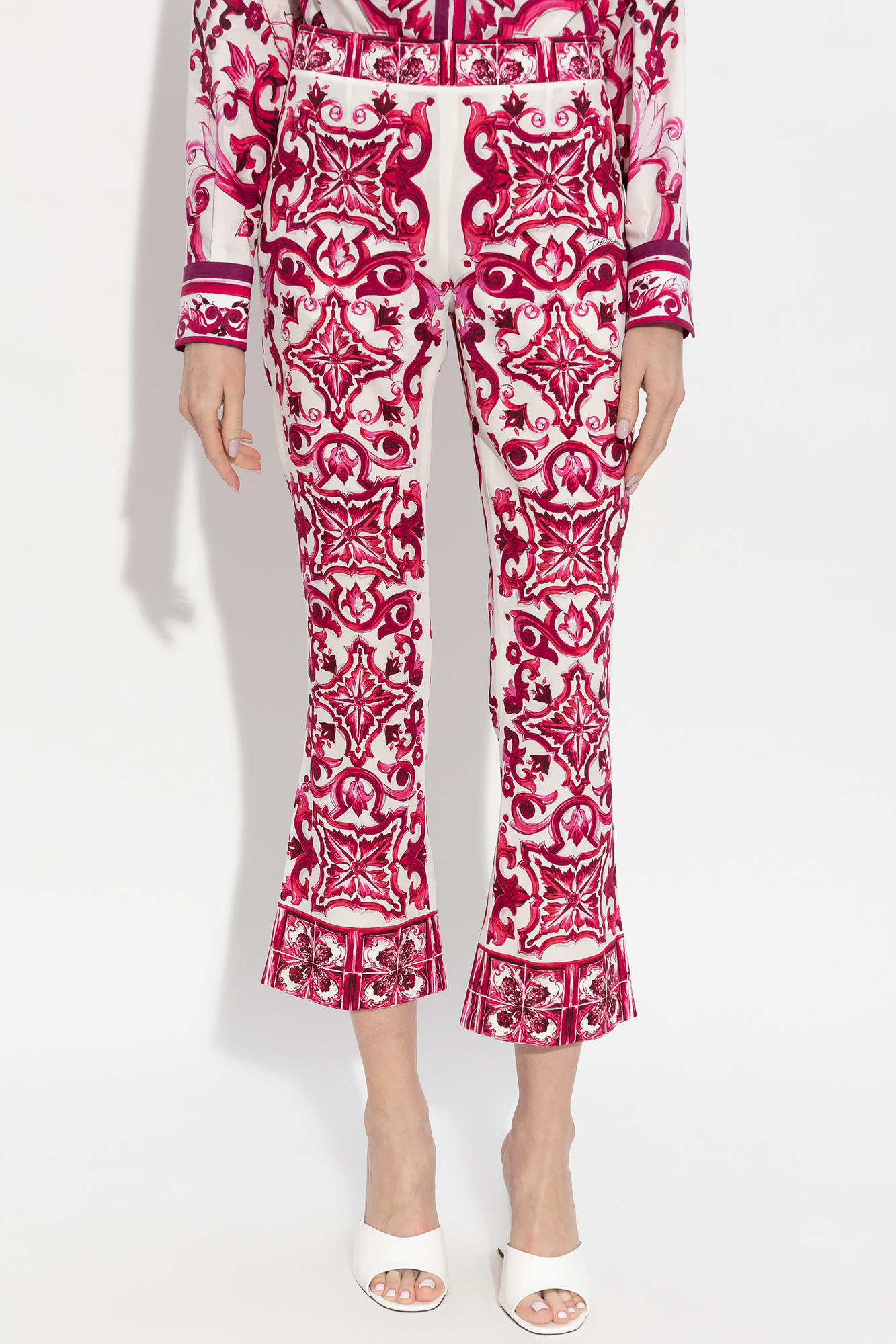 Dolce & Gabbana PINK SILK TROUSERS シルク パンツ 光沢 美脚 HOT* Dolce & Gabbana Pink Fig Printed Silk Trousers and